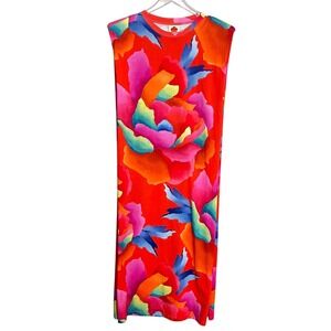 Farm Rio Floral Sleeveless Jersey Tropical Beach Midi Dress Size Small Red